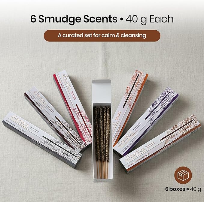 Tulasi Smudge Incense Sticks Gift Pack – 6 Scents x 40g Each – White Sage, Palo Santo, Lavender, Frankincense, Sandalwood, Rose - 48 Natural Herbal Incense for Yoga, Meditation Tulasi