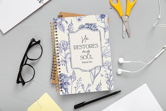 Christian Notebook for Women, Christian Art Gifts Journal, Prayer Journal for Women, Bible Journaling Notebook, PSALM 23:3 He Restores My Soul Floral Spiral Notebook 5.5x8.3 - Bloomnest