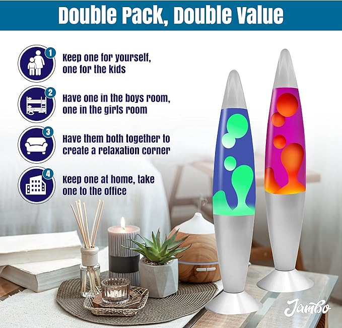 JAMBO 2 Pack- 16" Beautiful Lamp- Blue with Yellow/Green Wax and Purple with Yellow Wax, Relaxing Liquid Lamp, Night Light Nightlight, Lamps for Adults Teens Kid - Bloomnest