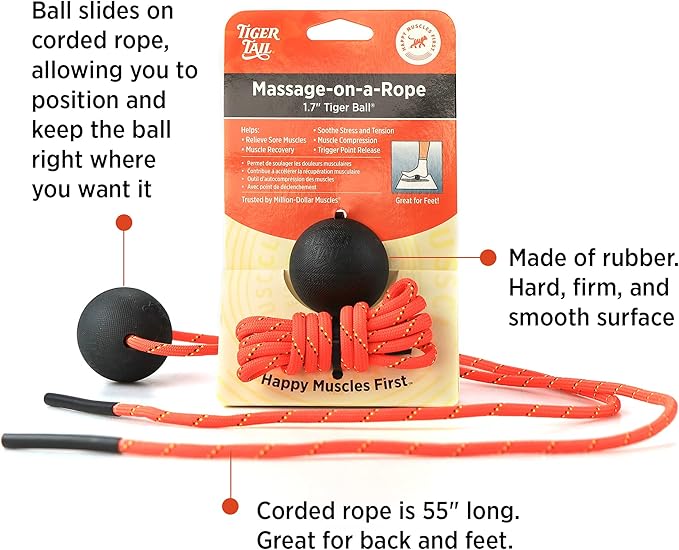 Tiger Tail Tiger Ball 1.7 Foam Roller Ball + 50”+ Corded Rope – Deep Tissue Massage Ball: Feet, Legs, Neck, Back – Trigger Point Massage Therapy – Relieve Muscle Soreness – Muscle Recovery - Bloomnest