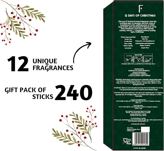 Folkulture Christmas Advent Calendar 2025 - Incense Sticks | Pack of 240 Organic Incense | Non-Toxic, Slow Burning Insense for Gifts for Women | Holiday Scented Calendars - Bloomnest