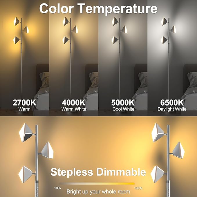 PARTPHONER RGB Tree Floor Lamp for Living Room, Stepless Dimmable Tall Standing Lamp with Remote, Touch Control and 3 Rotatable Light, Bright LED Lights for Bedroom with 4 Color-Changing, Sliver - Bloomnest