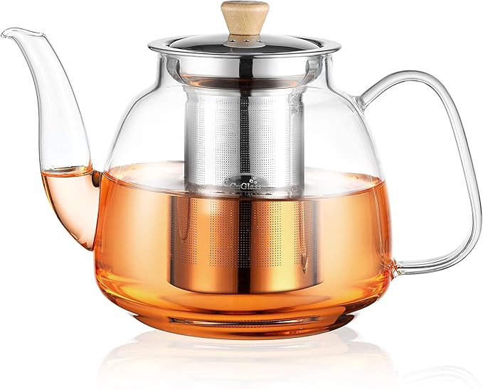 CNGLASS Glass Teapot with Infuser(37.5oz),Clear Tea Kettle with Removable Stainless Steel Strainer,Stovetop Safe Glass Teapot for Blooming and Loose Leaf Tea - Bloomnest
