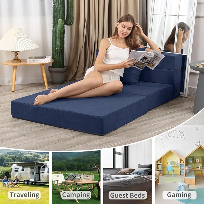 High-Density Memory Foam Folding Sofa Bed with Fluffy Pillow, Twin Size, Navy - Bloomnest