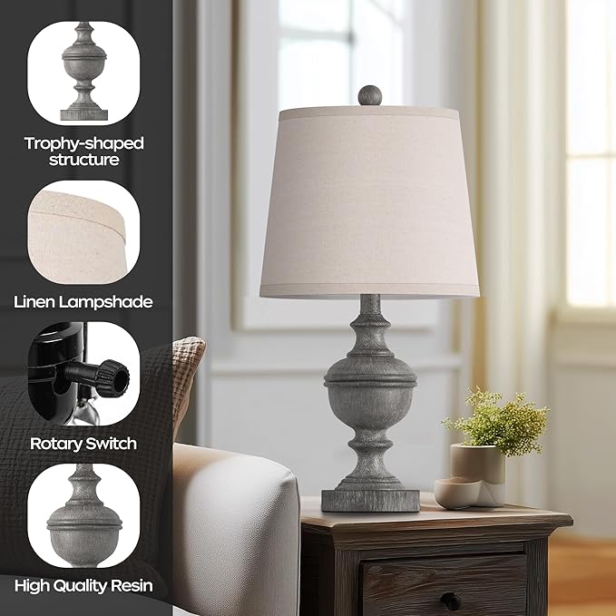 PARTPHONER Retro Table Lamps Set of 2, Bedside Lamp for Bedroom Rustic Farmhouse Table Lamps for Living Room, Vintage Nightstand Lamps with White Shades, Grey - Bloomnest