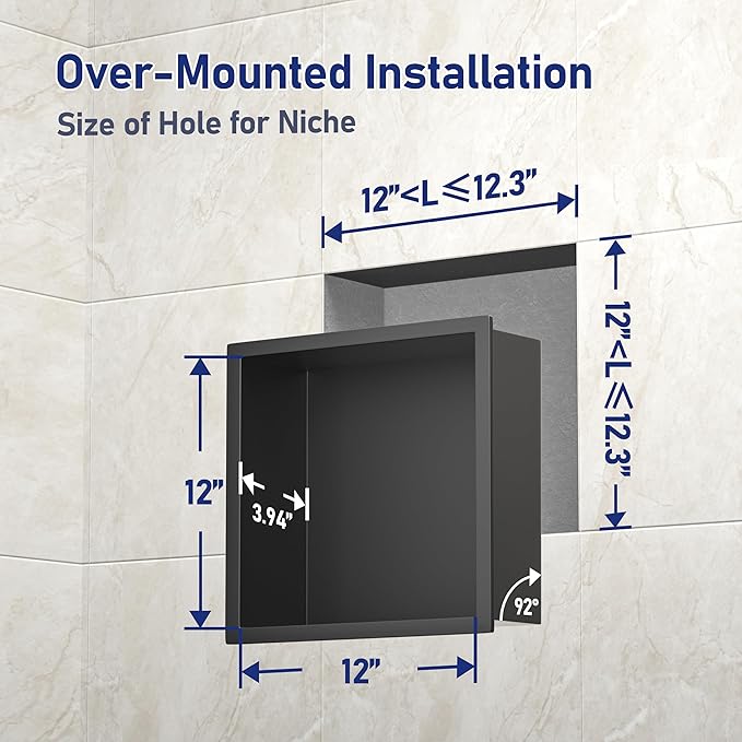 Stainless Steel Shower Niche 12" X 12" Matte Black No Tile Needed Niche Shower Recessed Wall Niches for Bathroom Storage Over Mount Installation - Bloomnest