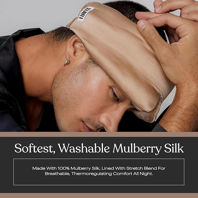 Lunya Weighted Silk Sleep Mask – Mulberry Silk Eye Cover with Cooling Glass Beads, Noise-Reducing Fit, Washable Fabric, and Travel Pouch – Sleeping Mask for Men and Women - Hushed Tan - Large - Bloomnest