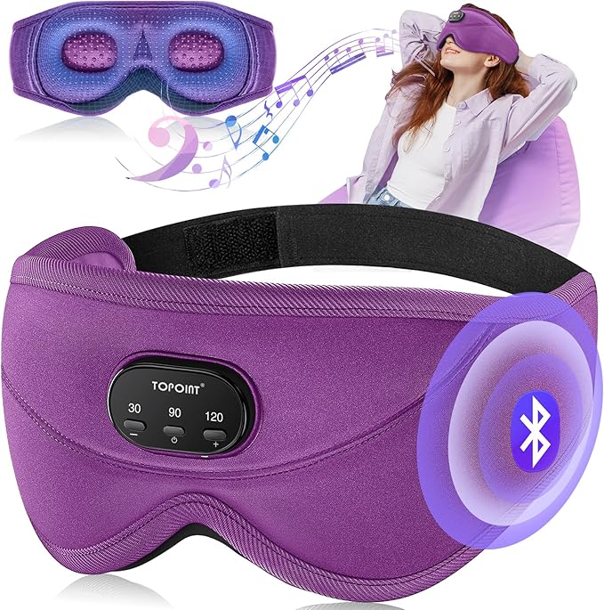 TOPOINT Sleep Mask with Bluetooth Headphones, 3D Eye Mask for Sleep Headphones with White Noise, Total Blackout, 5.4 Bluetooth, Timer, 15 Hours for Women Men, Travel, Meditation, Nap, CPAP Users - Bloomnest