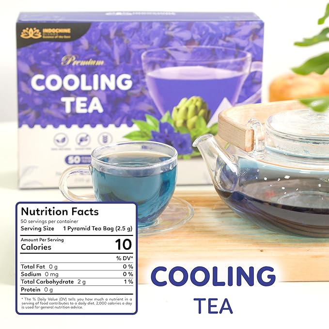 Indochine Blends Cooling Tea | Oolong, Artichoke, Butterfly Pea & Peppermint | Sugar-Free, Caffeine-Free Herbal Tea | Vibrant Blue | Herbal Tea for Relaxation | 4.4 oz | 50 Corn-Fiber Pyramid Bags - Bloomnest