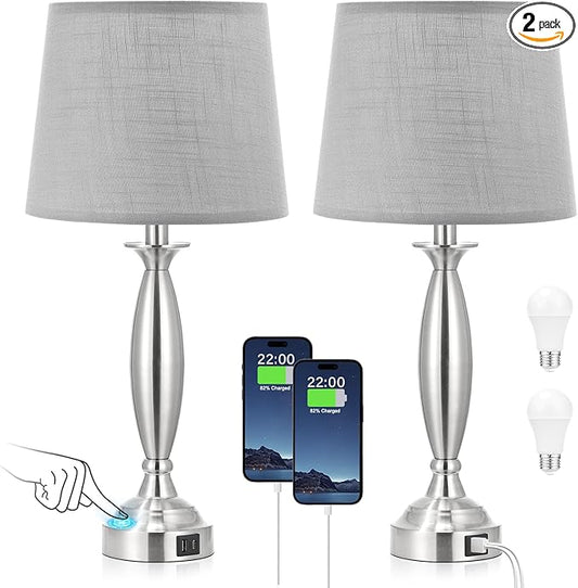 Lamps for Bedrooms Set of 2 - Touch Bedside Lamp with USB C+A, 3 Way Dimmable Nightstand Lamps with USB Port, Brushed Nickel Table Lamp for Living Room Guest Room Bed Side End Table(Mottled Gray) - Bloomnest