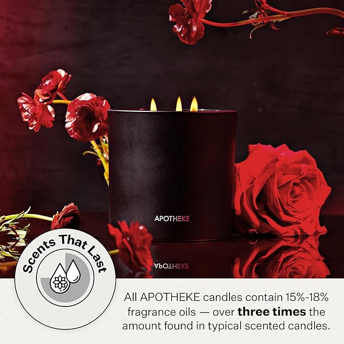 Apotheke 3-Wick Scented Candles for Home, Charcoal Rouge - 26 oz Soy Wax Jar Candle Gift for Women - Long-Lasting Fragrance with Perfume-Grade Essential Oils - Birch Wood, Elemi, Damask Rose & Smoke - Bloomnest