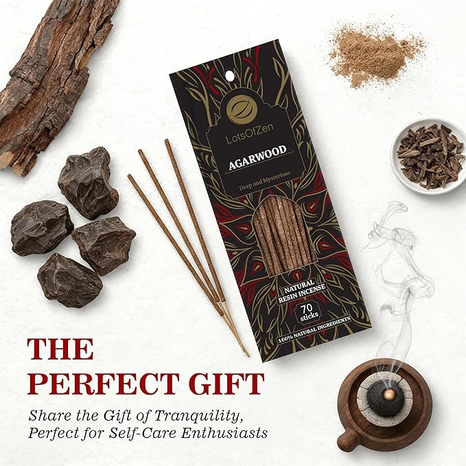 Agarwood Incense Sticks 70 Count – Natural Oud Wood Incense – Long-Burning – Arabic Oudh for Meditation and Relaxation Inspired by Traditional Bakhoor LotsOfZen