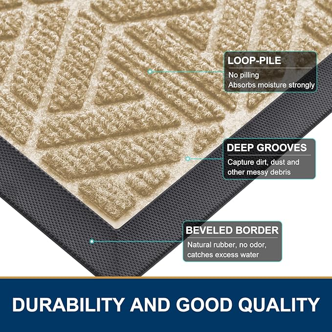 Smiry Front Door Mat Outside Entrance, Heavy Duty Sturdy Natural Rubber Doormat, Trap Dirt and Moisture, Easy Clean Low Profile Mats for Indoor Outdoor Entry, Grid Geometric (29.5x17, Beige) - Bloomnest