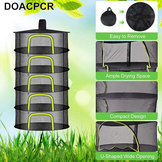 5 Layer Herb Drying Rack, Herb Drying Rack Hanging Mesh, Foldable Bud Drying Net with U-Shaped Zipper, Hooks, for Drying Herbs Plants, Flowers, Fruits, Food, Camping (5 Layers-23.62'') - Bloomnest