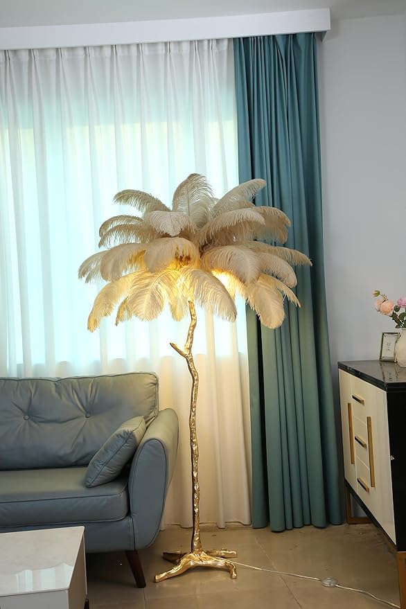 MAYOLA Luxury Resin Ostrich Feather Lamp, 35 Pieces Real Ostrich Feathers,Floor Lamp for Living Room, Bedroom and Office 67” Tall Feather Lamp(Ostrich Color, Floor Lamp) - Bloomnest