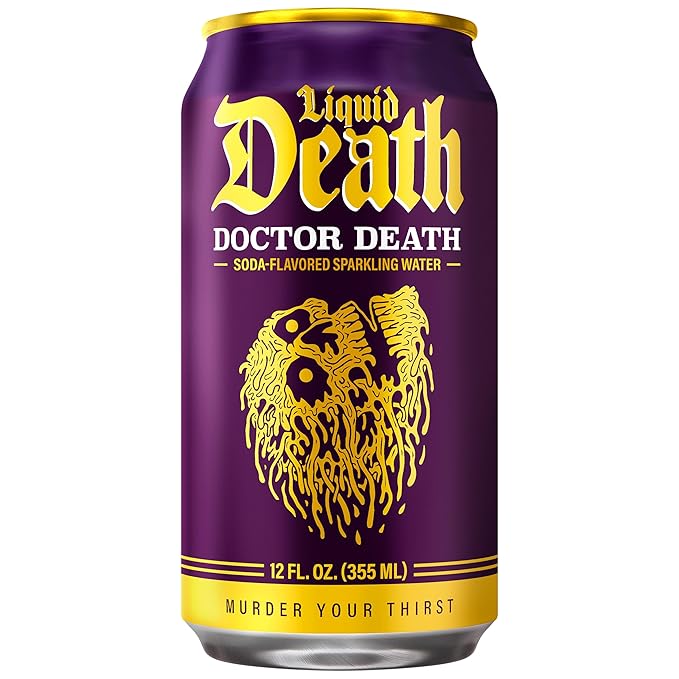 Liquid Death Soda-Flavored Sparkling Water - Doctor Death (Cherry, Cream, Spice), Less Sugar*, Huge Flavor, No Caffeine, No Artificial Sweeteners, 12 Fl Oz (Pack of 12) - Bloomnest