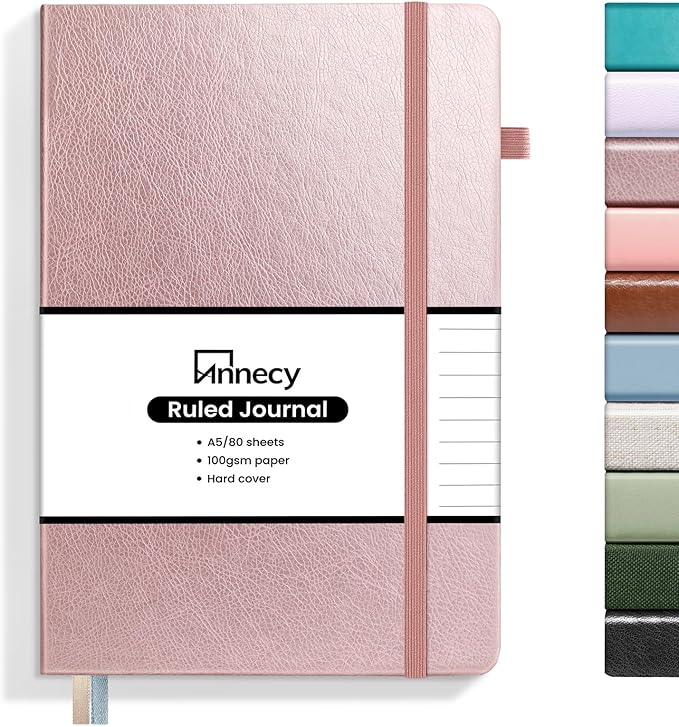Annecy Lined Journal Notebook, Hardcover Leather Journal for Women & Men, 160 Numbered Pages, Medium 5.5" x 8.25", 100 GSM Thick Paper, Rose Gold - Bloomnest