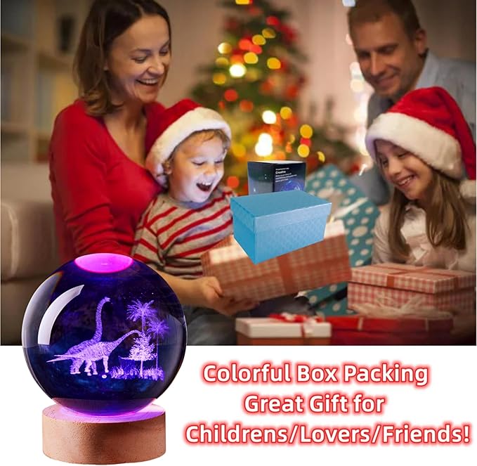 3D Large Dinosaur Crystal Ball Night Light with Wooden Base, Crystal Lamp Gift for Kids Wife Friends, 16 Color Changing with Remote Control, Laser Engraved 3.15 inch Glass Ball Lamp (Dinosaur) - Bloomnest
