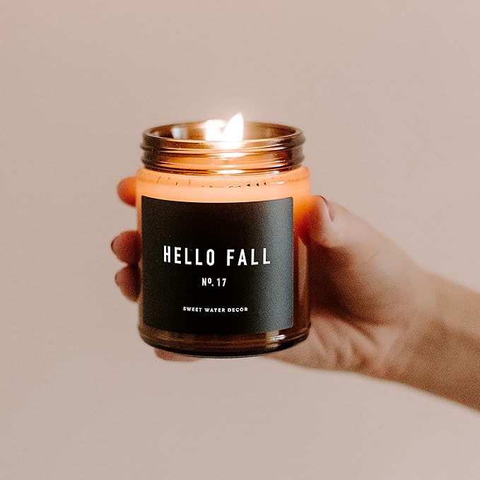 Sweet Water Decor Hello Fall Candle - Cinnamon Apples Cloves & Nutmeg Fall Scented Candle for Home Decor - 100% Cotton Wick Soy Wax Candles with 40 Hour Burn Time - Made in The USA - 9oz Amber Jar - Bloomnest