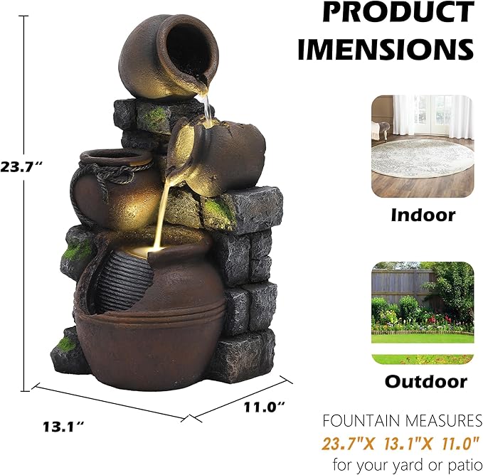 TITIMO Outdoor Water Fountain with Flower Pot and Lights - Cascading Pitchers Farmhouse Fountains and Waterfalls, Garden Fountain Patio Decor, Waterfall Fountains Indoor and Outdoor - Bloomnest