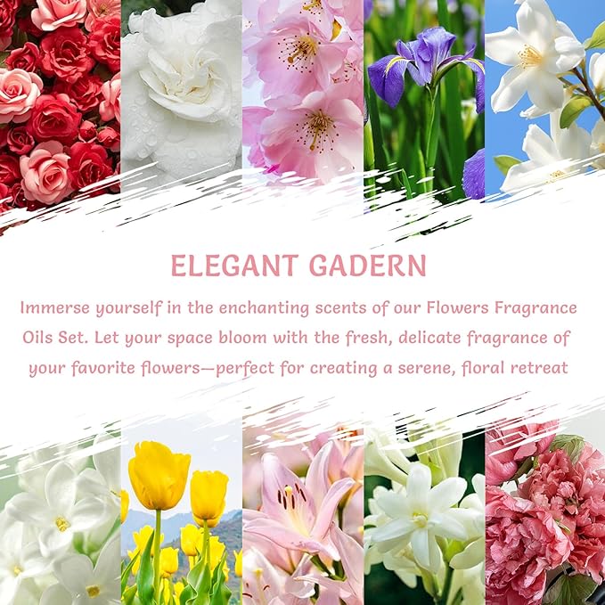 Floral Fragrance Oils Set, 10ml x 10, Scented Essential Oils for Diffusers for Home– Jasmine, Sakura, Rose Oil & More, Summer Fresh Scents for Candle Making, Soap Making, Diffuser Oil Scents - Bloomnest