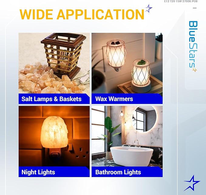 BlueStars E12 T20 Salt Lamp Bulb 120V 15W, 2700K Warm White, E12 Candelabra Base for Himalayan Salt Rock Lamps & Baskets, Scentsy Plug-in Wax Warmers, Night Lights - Pack of 8 - Bloomnest