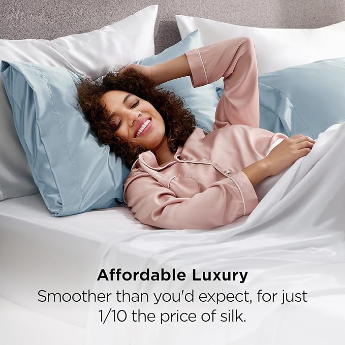 Bedsure Satin Pillowcase 2 Pack Similar to Silk Pillow Cases Standard Size, Pillow Case for Sleeping Women with Envelope Closure, Gifts for Women Men, Stone Blue, 20x26 Inches, 2pcs - Bloomnest