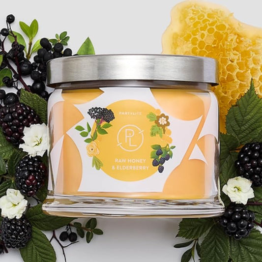 PartyLite Raw Honey & Elderberry Scented, Notes of Alpine Elderflower, Soft Jasmine & Golden Amber, 13.2oz 3-Wick Jar Candle, 45 Hour Burn Time, Luxurious Fragrance, Ideal for Gifting - Bloomnest