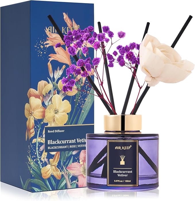 Airkeep Flower Reed Diffusers Set, 5.07 oz Blackcurrant Vetiver Scented Oil Diffuser with 8 Reed Sticks, Home Fragrance Diffuser Gift Set for Bathroom & Office Decor 150ml - Bloomnest
