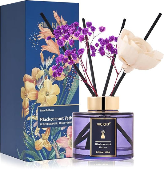 Airkeep Flower Reed Diffusers Set, 5.07 oz Blackcurrant Vetiver Scented Oil Diffuser with 8 Reed Sticks, Home Fragrance Diffuser Gift Set for Bathroom & Office Decor 150ml - Bloomnest