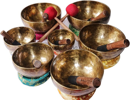 Singing Bowl set of 7,Antique~ Hand hammered Seven chakra Singing Bowls,for chakra healing, meditation, Zen-practice .Crafted in Nepal. Khusi+Inc