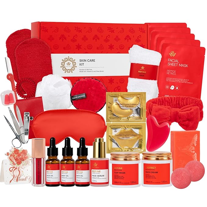 Valentines Day Gifts for Women, Red Rose 32 Pcs Facial Skin Care Set, Bath and Body Gifts, Spa Set & Self-Care Kit, Lip Gloss, Face Sheet Mask, Serum, Present, Birthday, Christmas, Mother Day