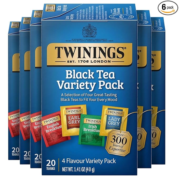 Twinings Variety Pack Black Tea Bags, 20 Count (Pack of 6), Includes English Breakfast, Early Grey, Irish Breakfast, and Lady Grey, Caffeinated, Enjoy Hot or Iced, 120 Teabags - Bloomnest