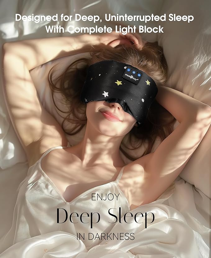 MUSICOZY Mulberry Silk Bluetooth Sleep Mask with HD Stereo Sound, Wireless Sleep Headband Headphones for Side Sleepers, Adjustable Size, Total Light Blocking, Perfect for Travel Relaxation Sleep - Bloomnest