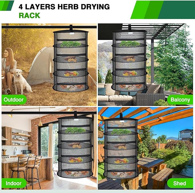 Yesker 4 Layer Herb Drying Rack Hanging Mesh Net Foldable Plant Drying Racks 18" Diameter with Black Zipper & Hook Dryer Hanging Rack for Herbs Seed Bud Fruit Clothes Grow Tent Closets Garden Outdoor - Bloomnest