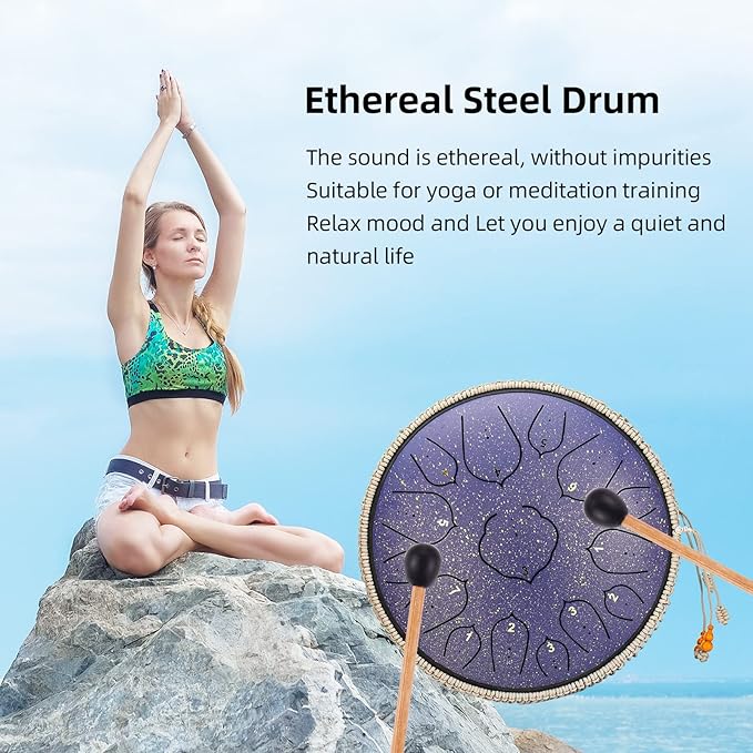 14 Inch 15 Notes D Major Steel Tongue Drum,Premium Adult's Music Hand Drum Instrument,Clean Clear Ethereal Sounds,Purple - Bloomnest