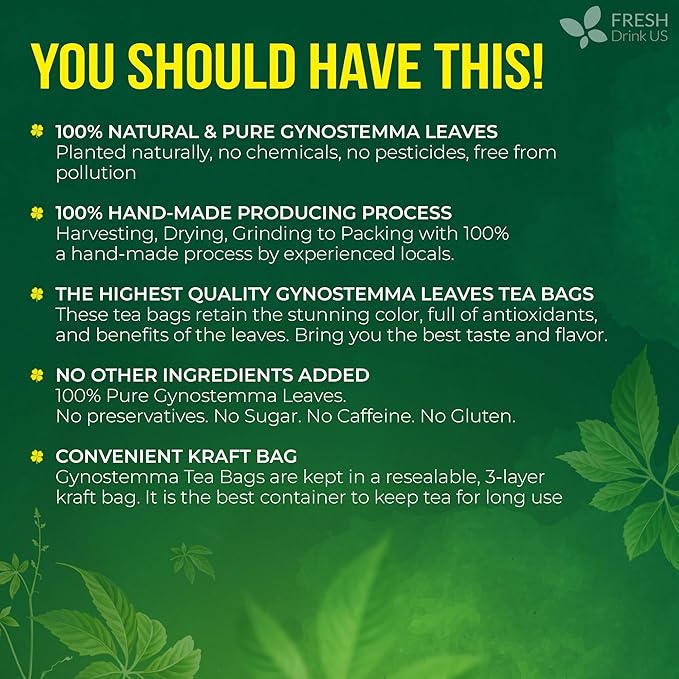 FreshDrinkUS, Premium Gynostemma Tea Bags (Jiaogulan) | 135 Count | Naturally Smooth & Earthy Caffeine-Free Herbal Tea – Plant-Based Tea Bags for Daily Enjoyment. Caffeine Free, Sugar Free. Vegan - Bloomnest