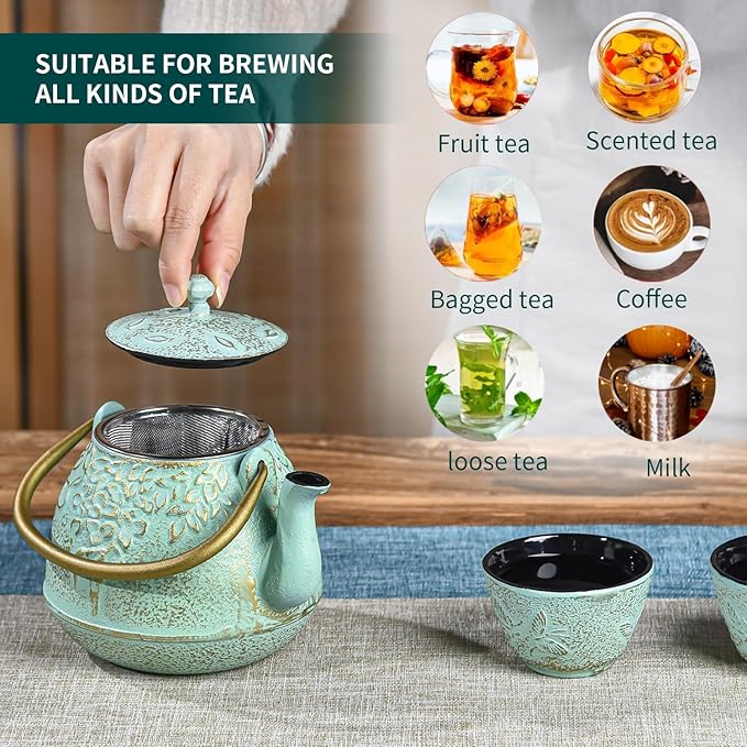 Sungmor Cast Iron Japanese Tetsubin Tea Kettle with Infuser - Stovetop Safe, Enameled Interior - 32 Ounce Light Green Teapot with Salix Leaf Pattern - Bloomnest