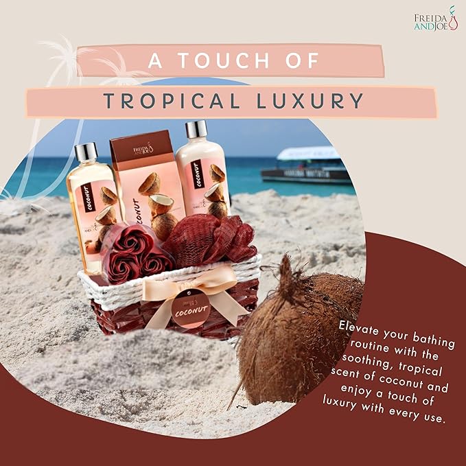 Coconut Spa Valentines Gift Basket Bath & Body Set with Shower Gel, Body Lotion, Bath Salts, Soap Flowers, Bath Sponge in a Wicker Basket (Pink & Brown Set) - Bloomnest