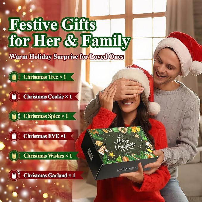Christmas Candle Gift Set, 6 Pack Holiday Scented Soy Candles for Home, Winter Aromatherapy Candle, Xmas Gift for Women Men, Long Lasting Christmas Tree, Cookie, Spice, Garland, Eve & Wishes Fragrance - Bloomnest