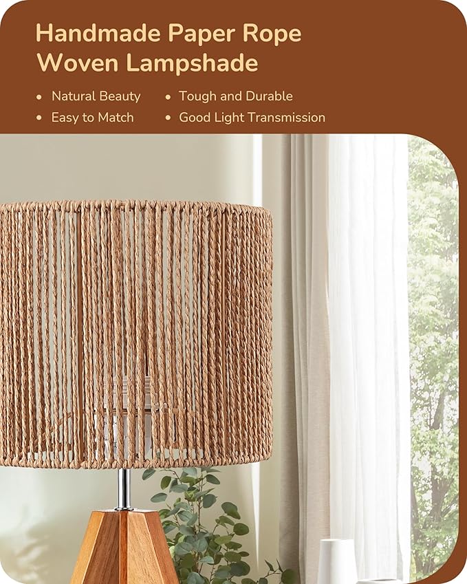 EDISHINE Small Rattan Table Lamp, Wood Tripod Bedside Lamp, Boho Nightstand Lamp for Living Room, End Table, Office, E26 Base, Natural Style - Bloomnest