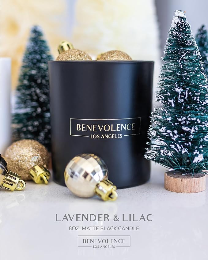 Benevolence LA Lavender & Lilac Scented Candle | Soy Christmas Candles, Black Holiday Candle for Home | Gifts for Women and Men | Home Fragrance | Aromatherapy | Bathroom Freshener | 8oz, 45 Hour Burn - Bloomnest