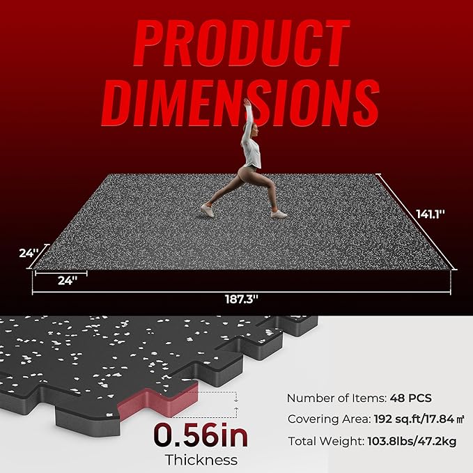 SUPERJARE 0.56'' Thick 48 Pcs 192 Sq Ft Rubber Top Exercise Equipment Mats, High Density EVA Foam Mats with Rubber Top, Interlocking Gym Flooring for Home Gym, Protective Workout Mat, Black/Grey - Bloomnest