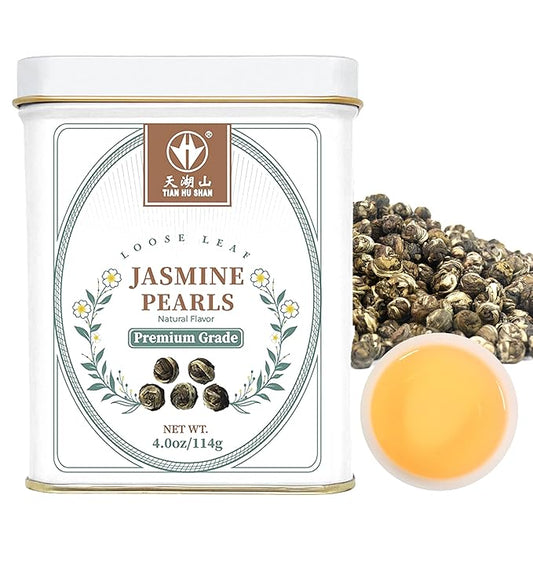 TIAN HU SHAN Jasmine Tea Jasmine Dragon Pearls Green Tea Loose Leaf 4oz (114g) Tin