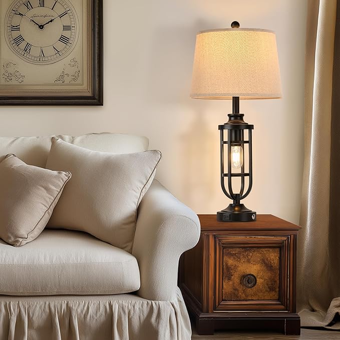 28" Table Lamps for Living Room Set of 2, Farmhouse Lamps for Night Stands with USB A+C, Bedside Lamps for Bedroom End Tables, Bulbs Included, Black - Bloomnest