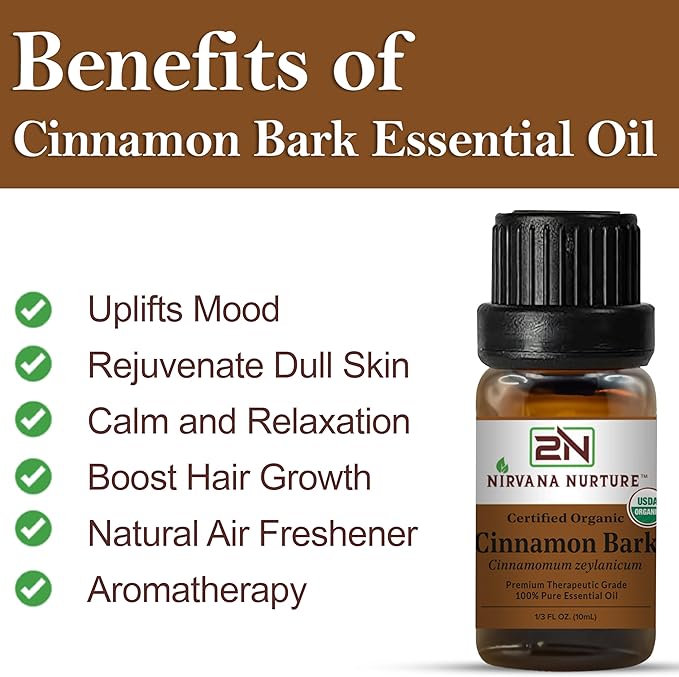 Cinnamon Bark Essential Oil, USDA Certified Organic, 100% Pure Undiluted, Aromatherapy Oil for Diffuser, Hair & Skin Care NirvanaNurture