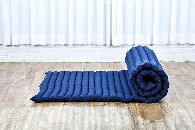 Leewadee - Kapok Roll Mat – Handcrafted Folding Sleep & Relaxation Mattress from Thailand, Ideal as Guest Bed, Camping Mat, Yoga Mat or Traditional Futon, 75 x 39 inches, Blue - Bloomnest