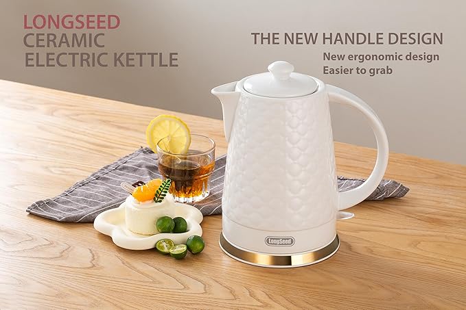 Ceramic Electric Kettle, 1.5L/1200W Boil Water Quickly and Easily with Boil-Dry Protection Auto Shut Off, Detachable Swivel Base, White Relief Carving - Bloomnest