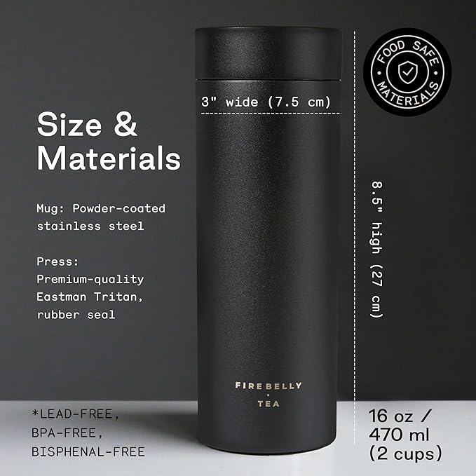 Firebelly Tea, Travel Tea Infuser Mug with Strainer, Insulated Tumbler for Loose Leaf Tea or Coffee, Leakproof Bottle for Hot or Iced Drinks, Stainless Steel Thermos with Lid, Noir - Bloomnest