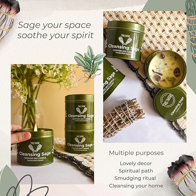 Sage Candle for Cleansing House Negative Energy - Pack of 3 x 5oz Soy Wax Natural Clean Organic Non Toxic - Aromatherapy Spiritual Meditation Gifts - Long Lasting Highly Scented Candel with Crystals TRUMIRI